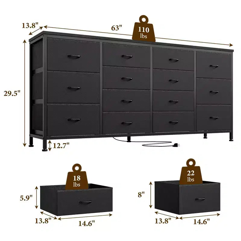 Cómoda de 63 W y soporte para TV de 65 70 75 pulgadas, 14 cajones para dormitorio con tomas de corriente, cómoda grande y larga de tela y centro de entretenimiento