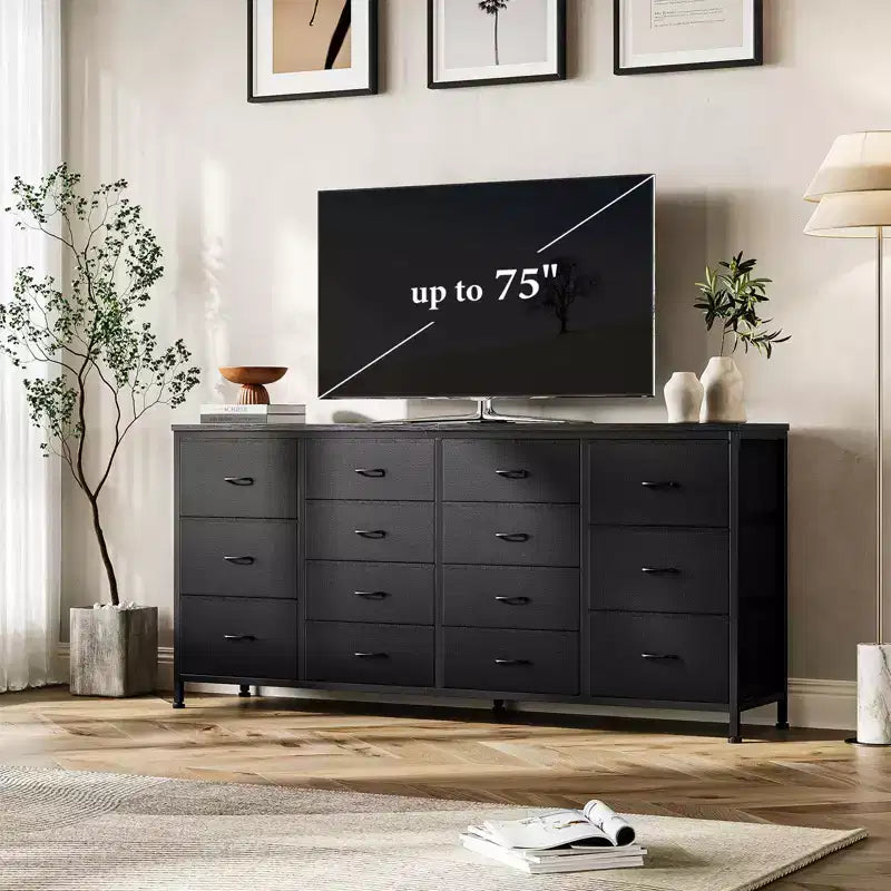 Kommode mit TV-Ständer, 63 W, für 65-, 70- und 75-Zoll-Fernseher, mit 14 Schubladen fürs Schlafzimmer, Steckdosenleiste und großer, langer Stoffkommode als Entertainment-Center