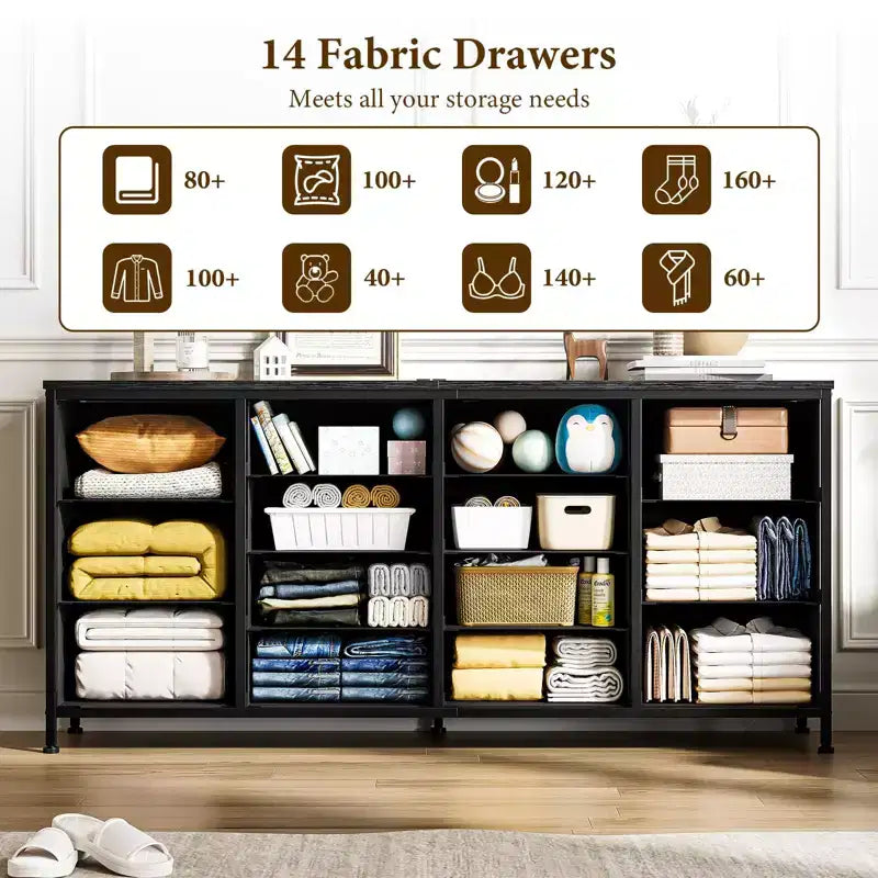 Cómoda de 63 W y soporte para TV de 65 70 75 pulgadas, 14 cajones para dormitorio con tomas de corriente, cómoda grande y larga de tela y centro de entretenimiento