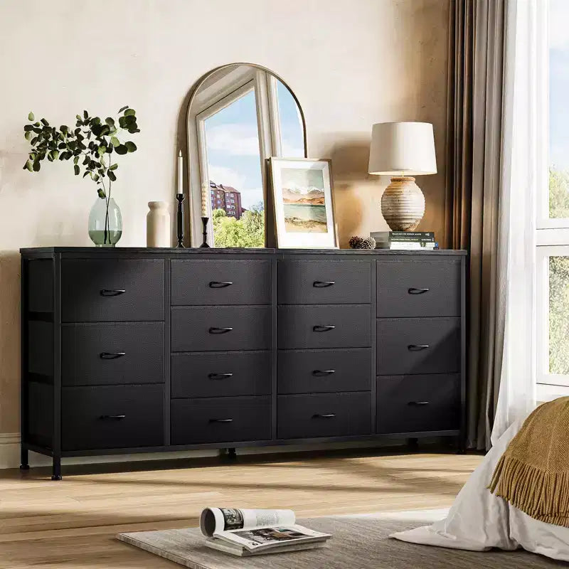 Cómoda de 63 W y soporte para TV de 65 70 75 pulgadas, 14 cajones para dormitorio con tomas de corriente, cómoda grande y larga de tela y centro de entretenimiento
