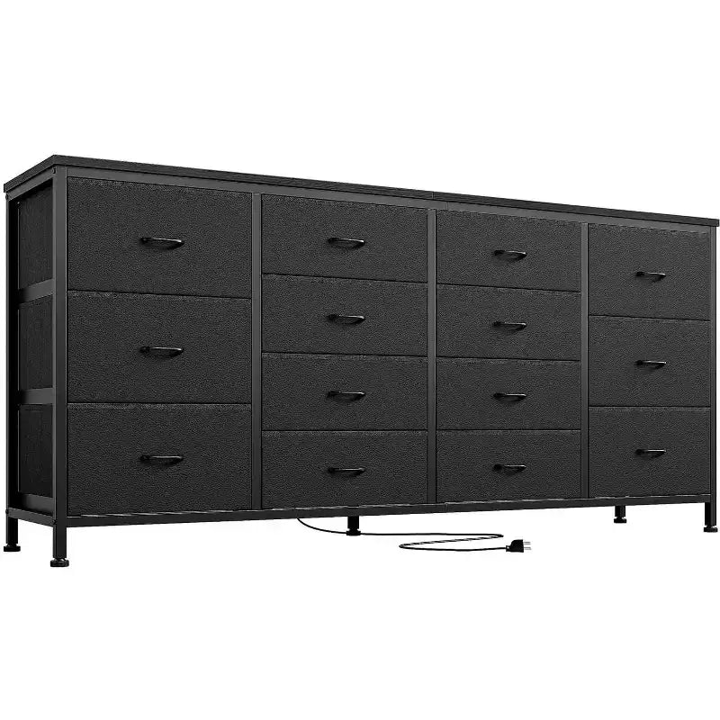 Cómoda de 63 W y soporte para TV de 65 70 75 pulgadas, 14 cajones para dormitorio con tomas de corriente, cómoda grande y larga de tela y centro de entretenimiento