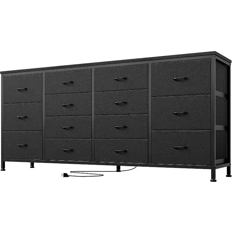 Cómoda de 63 W y soporte para TV de 65 70 75 pulgadas, 14 cajones para dormitorio con tomas de corriente, cómoda grande y larga de tela y centro de entretenimiento