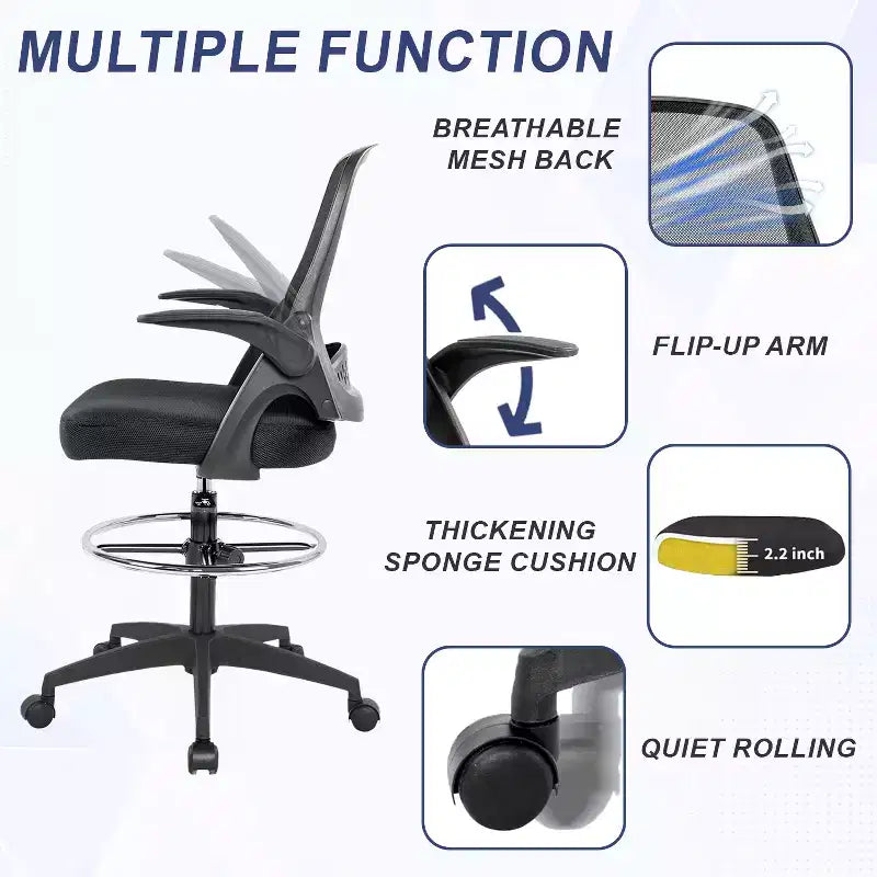 Silla alta de oficina FDW de malla para dibujo, silla para computadora con soporte lumbar, altura ajustable, función giratoria y reposapiés, negra