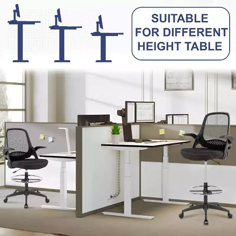 Silla alta de oficina FDW de malla para dibujo, silla para computadora con soporte lumbar, altura ajustable, función giratoria y reposapiés, negra