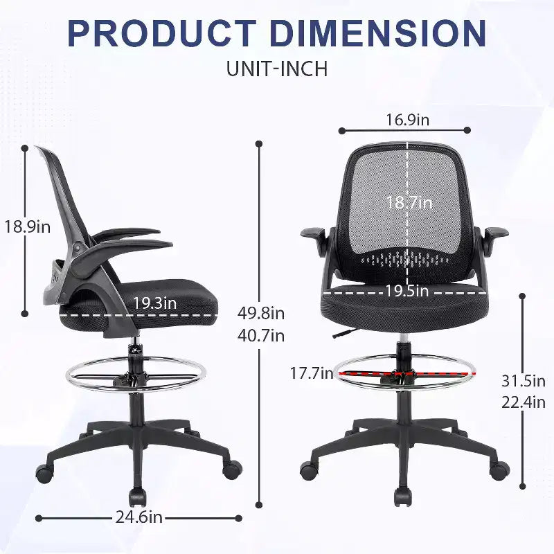 Silla alta de oficina FDW de malla para dibujo, silla para computadora con soporte lumbar, altura ajustable, función giratoria y reposapiés, negra