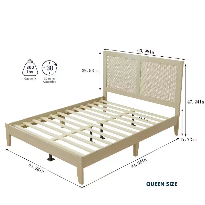 Cama de plataforma de madera de caucho con cabecero tejido de ratán, acabado natural
