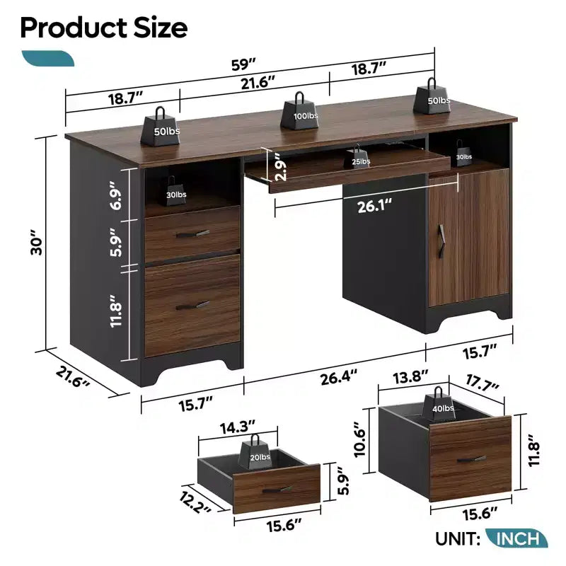 Bureau d’ordinateur de 59 pouces avec tiroirs, bureau de direction avec armoire de rangement et plateau pour clavier, pour bureau à domicile