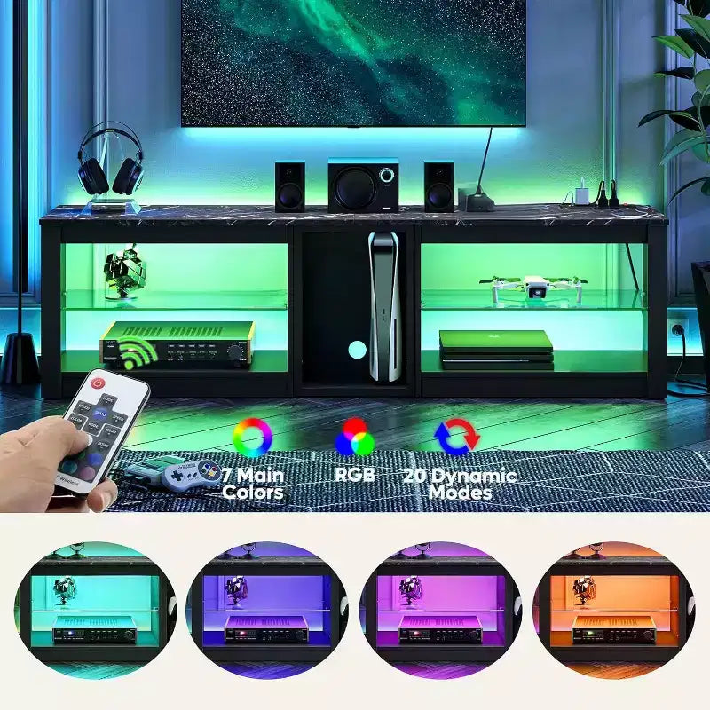 Meuble TV à LED de 63 pouces avec station de recharge et étagères en verre
