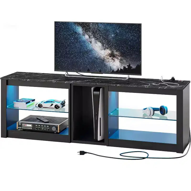 Meuble TV à LED de 63 pouces avec station de recharge et étagères en verre