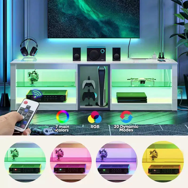 Meuble TV à LED de 63 pouces avec station de recharge et étagères en verre