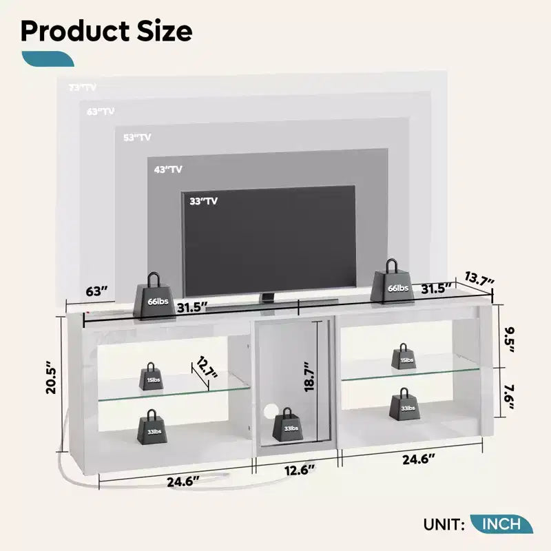 Meuble TV à LED de 63 pouces avec station de recharge et étagères en verre