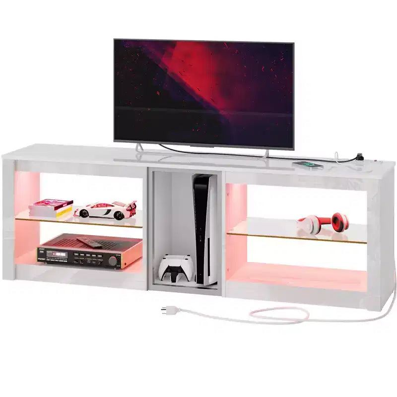 Meuble TV à LED de 63 pouces avec station de recharge et étagères en verre