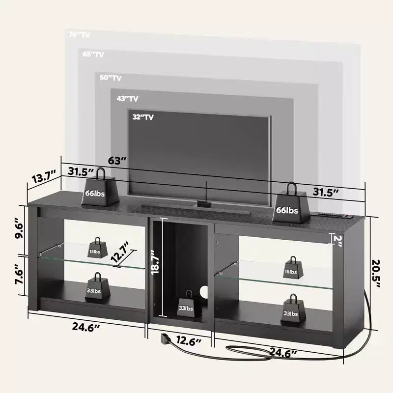 Meuble TV à LED de 63 pouces avec station de recharge et étagères en verre