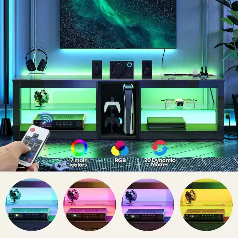 Meuble TV à LED de 63 pouces avec station de recharge et étagères en verre