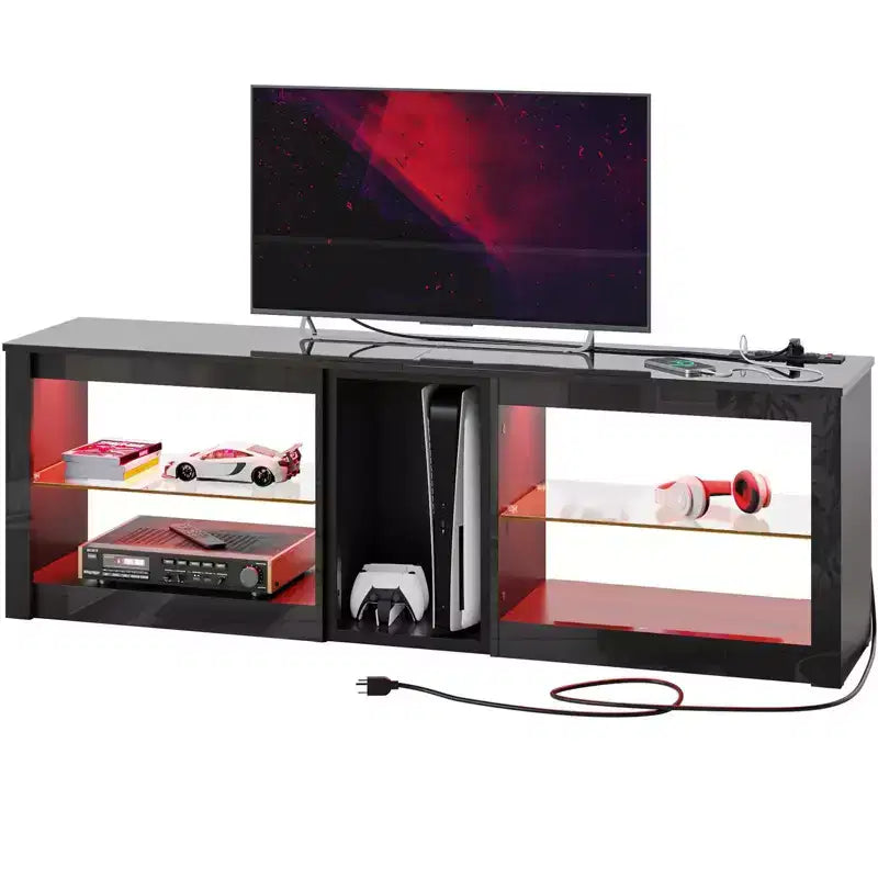 Meuble TV à LED de 63 pouces avec station de recharge et étagères en verre