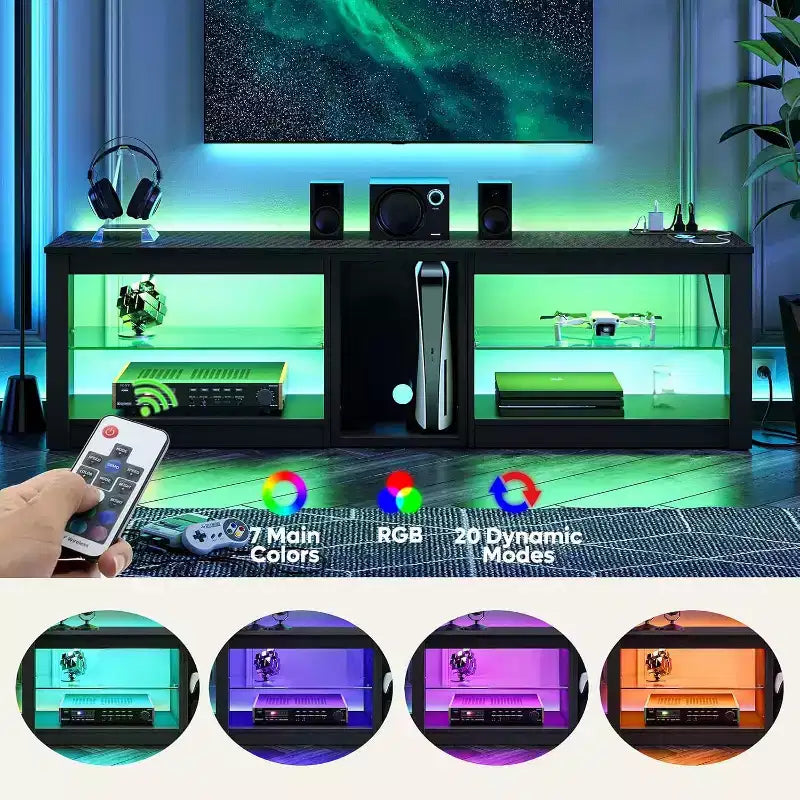 Meuble TV à LED de 63 pouces avec station de recharge et étagères en verre