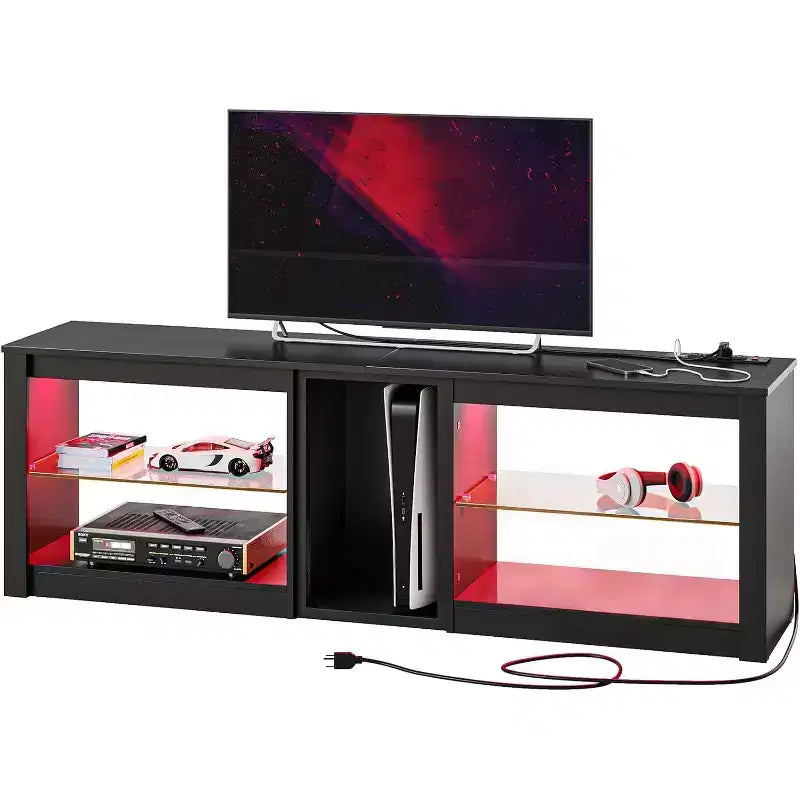 Meuble TV à LED de 63 pouces avec station de recharge et étagères en verre