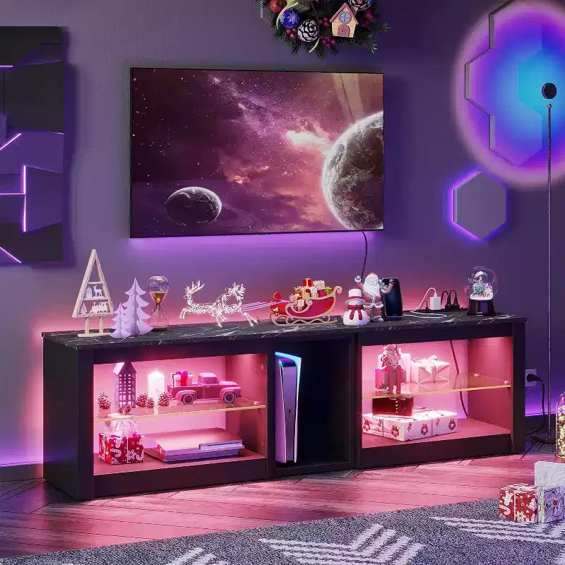 63-Zoll-TV-Ständer mit LED-Beleuchtung, Ladestation und Glasablagen