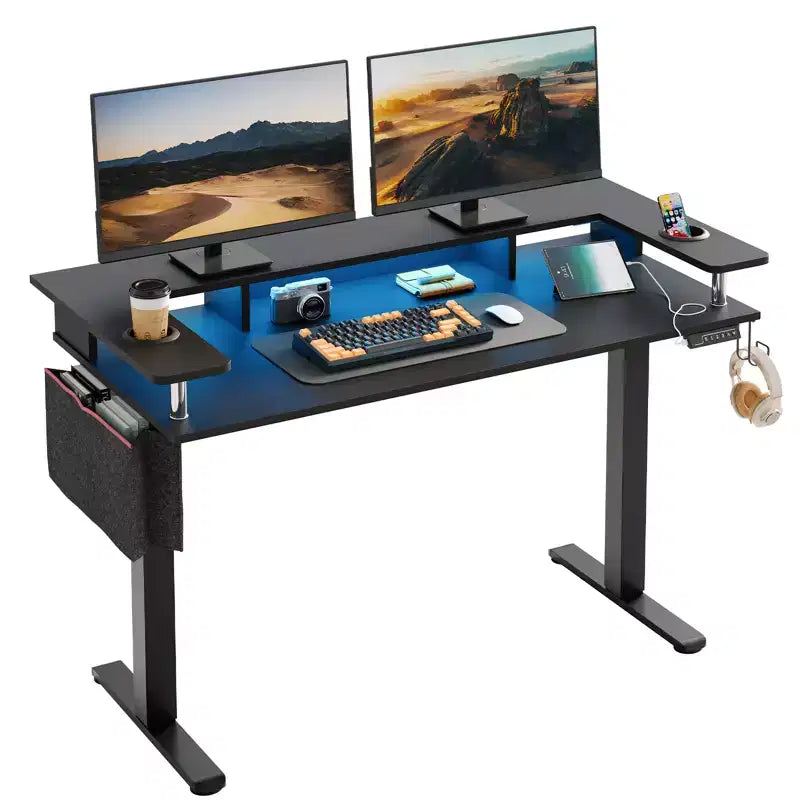 58 Stehschreibtisch mit Monitorständer, höhenverstellbarer LED-Computertisch mit Stauraum und Haken, Stehschreibtisch für Homeoffice und zum Schreiben
