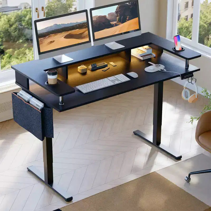58 Stehschreibtisch mit Monitorständer, höhenverstellbarer LED-Computertisch mit Stauraum und Haken, Stehschreibtisch für Homeoffice und zum Schreiben