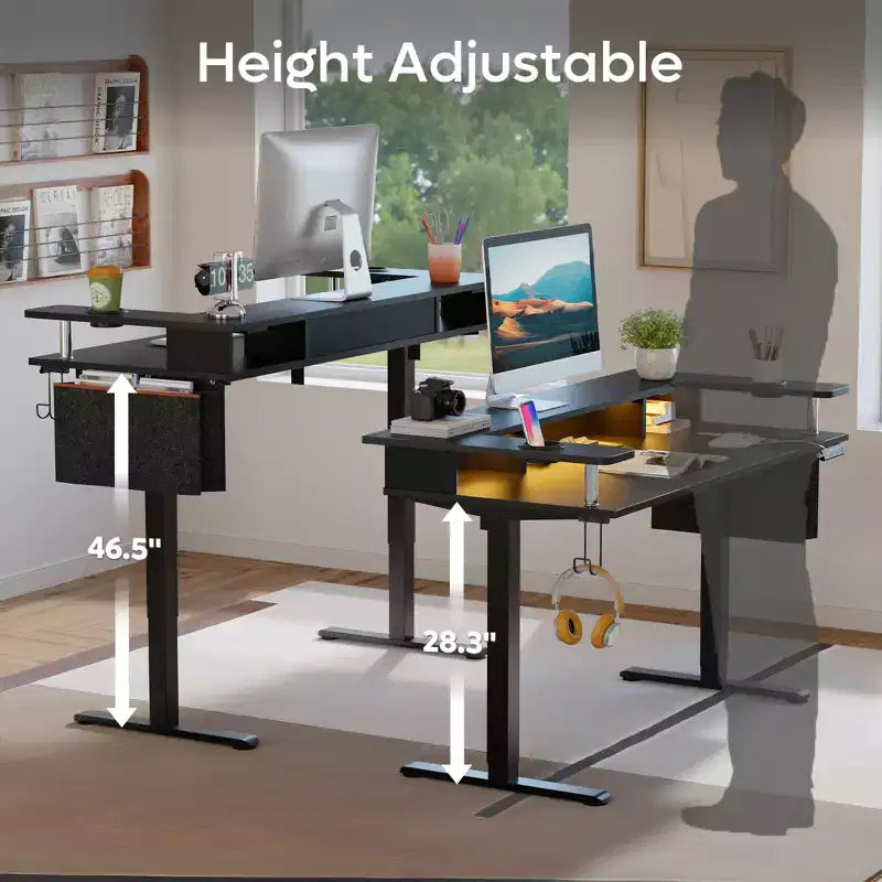 Bureau debout de 58 avec support pour écran, bureau informatique à hauteur réglable avec éclairage LED, rangement et crochet, bureau assis-debout pour bureau à domicile et écriture