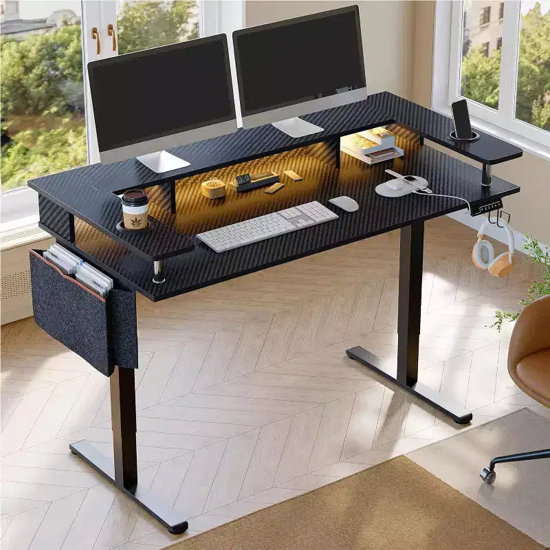 58 Stehschreibtisch mit Monitorständer, höhenverstellbarer LED-Computertisch mit Stauraum und Haken, Stehschreibtisch für Homeoffice und zum Schreiben