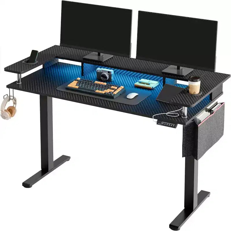 58 Stehschreibtisch mit Monitorständer, höhenverstellbarer LED-Computertisch mit Stauraum und Haken, Stehschreibtisch für Homeoffice und zum Schreiben