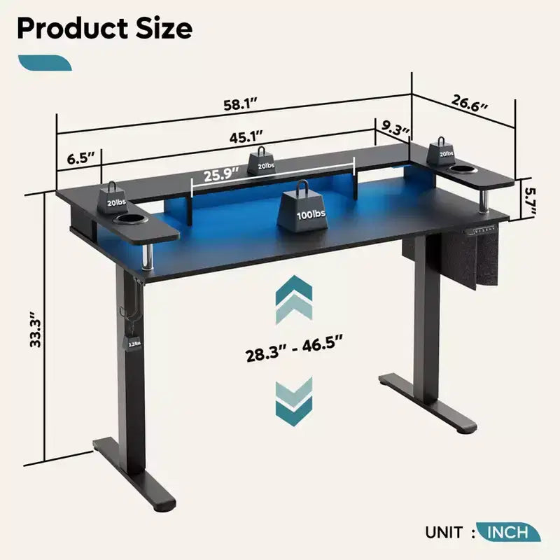 Bureau debout de 58 avec support pour écran, bureau informatique à hauteur réglable avec éclairage LED, rangement et crochet, bureau assis-debout pour bureau à domicile et écriture