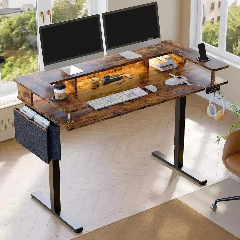 58 Stehschreibtisch mit Monitorständer, höhenverstellbarer LED-Computertisch mit Stauraum und Haken, Stehschreibtisch für Homeoffice und zum Schreiben