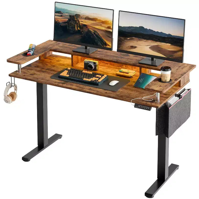 58 Stehschreibtisch mit Monitorständer, höhenverstellbarer LED-Computertisch mit Stauraum und Haken, Stehschreibtisch für Homeoffice und zum Schreiben