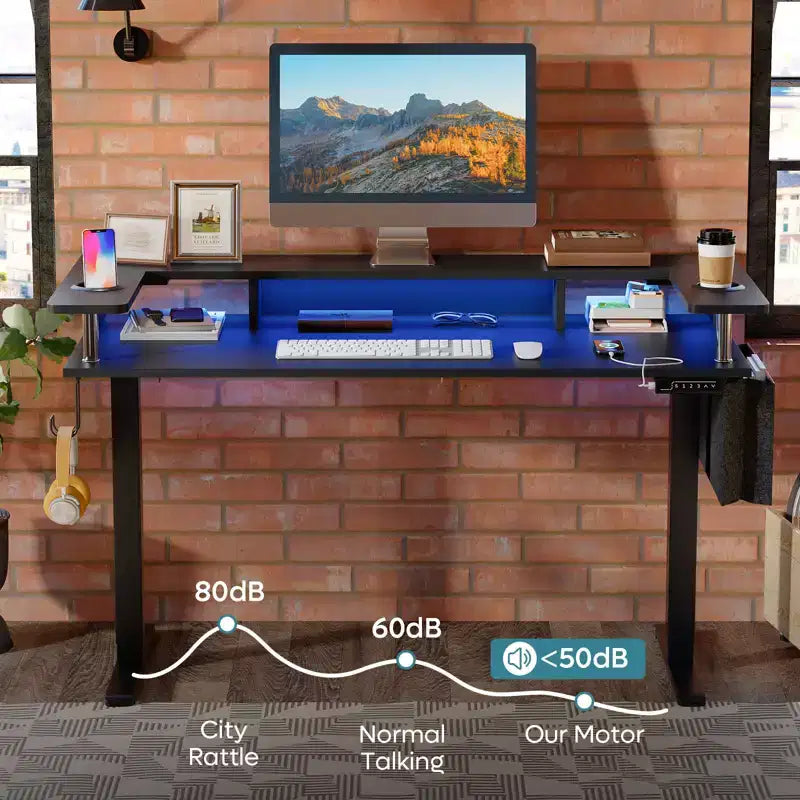 Bureau debout de 58 avec support pour écran, bureau informatique à hauteur réglable avec éclairage LED, rangement et crochet, bureau assis-debout pour bureau à domicile et écriture