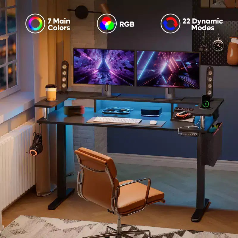 58 Stehschreibtisch mit Monitorständer, höhenverstellbarer LED-Computertisch mit Stauraum und Haken, Stehschreibtisch für Homeoffice und zum Schreiben