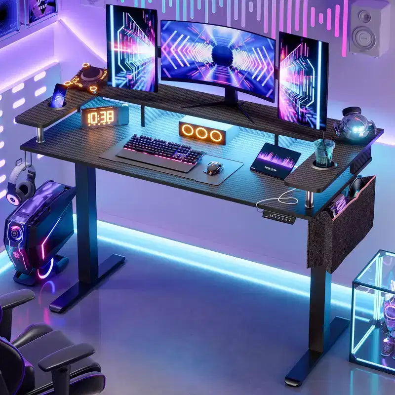 Bureau debout de 58 avec support pour écran, bureau informatique à hauteur réglable avec éclairage LED, rangement et crochet, bureau assis-debout pour bureau à domicile et écriture