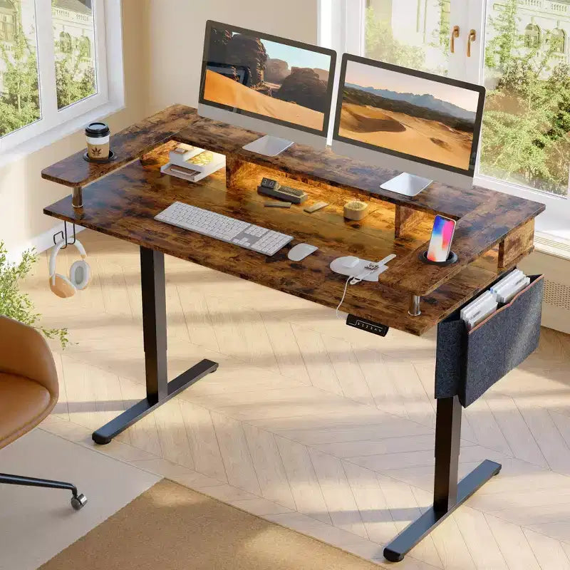 58 Stehschreibtisch mit Monitorständer, höhenverstellbarer LED-Computertisch mit Stauraum und Haken, Stehschreibtisch für Homeoffice und zum Schreiben