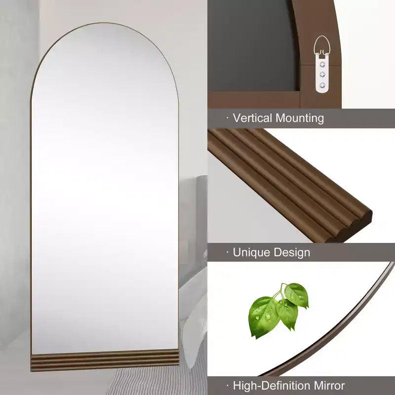 Miroir mural arqué pleine longueur avec cadre en bois, 31 in. W x 71 in. H, base en bois rayée marron