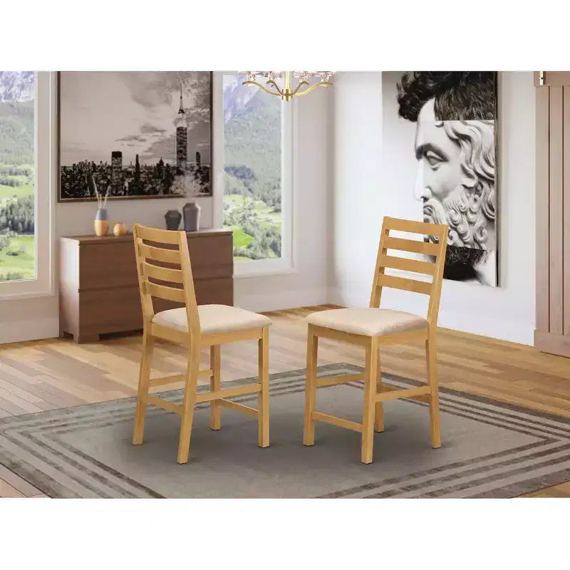Taburete de bar de madera con respaldo medio, forma rectangular y tapizado de poliéster, acabado beige, de 24 in.H