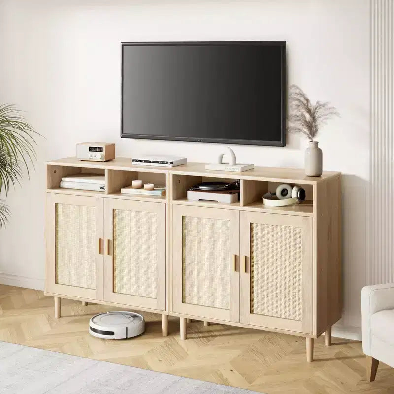 Paire de buffets en rotin - rangement à 2 portes avec étagère, meuble moderne pour plusieurs pièces, 36'H