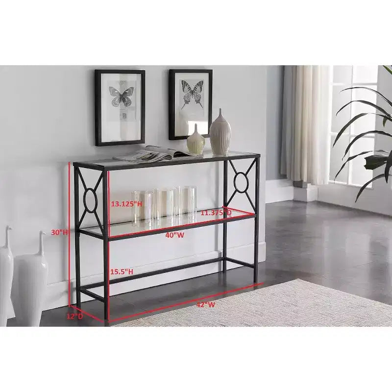 Console d’entrée en métal noir texturé, table de canapé avec étagère en verre
