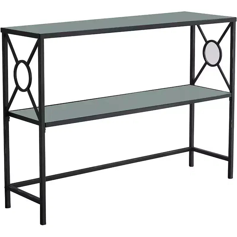 Mesa consola para recibidor o sofá de metal negro texturizado con estante de vidrio