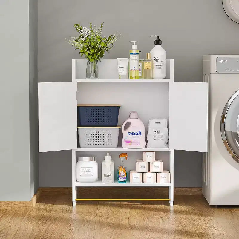 Armoire de rangement pour salle de bains, à poser au sol ou à fixer au mur, avec 2 portes et 1 étagère ouverte, blanc