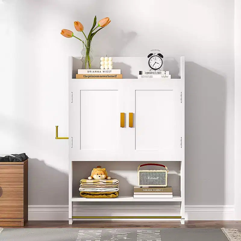 Armoire de rangement pour salle de bains, à poser au sol ou à fixer au mur, avec 2 portes et 1 étagère ouverte, blanc