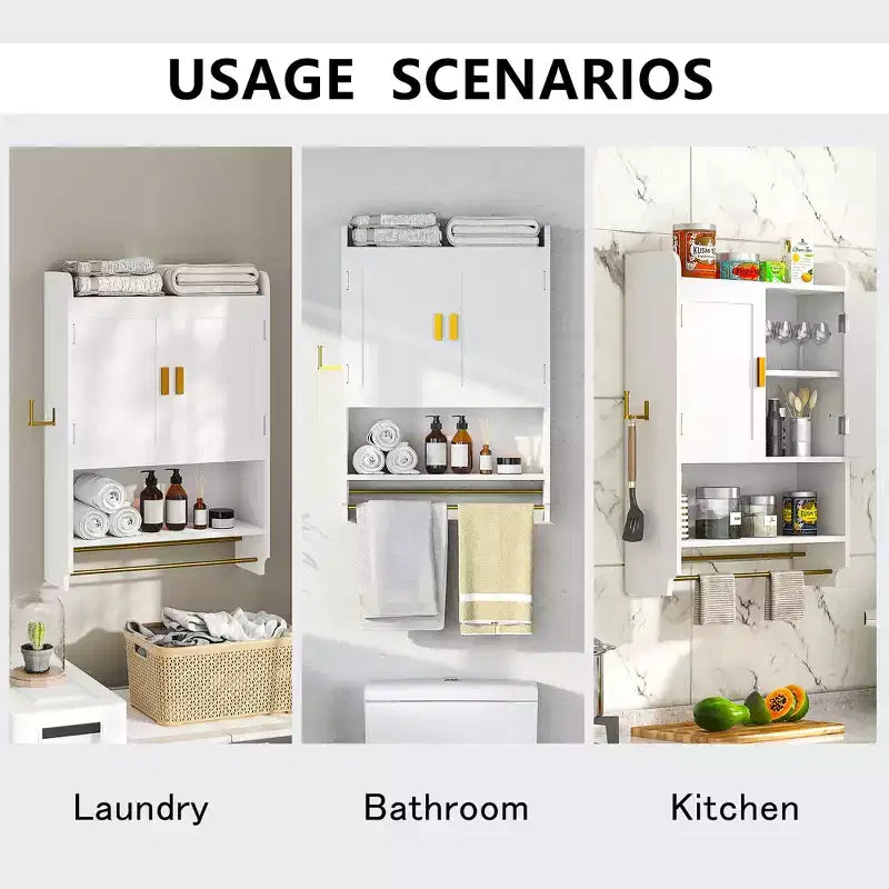 Armoire de rangement pour salle de bains, à poser au sol ou à fixer au mur, avec 2 portes et 1 étagère ouverte, blanc