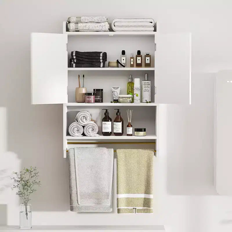 Armoire de rangement pour salle de bains, à poser au sol ou à fixer au mur, avec 2 portes et 1 étagère ouverte, blanc