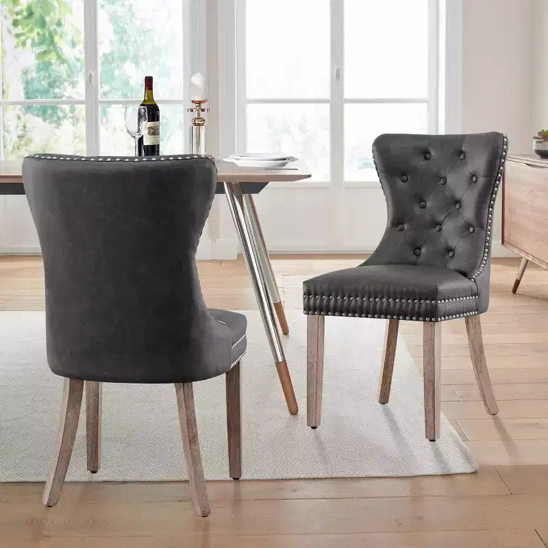 Juego de 2 sillas de comedor de interior de cuero con botones, anclajes y tachuelas, sillas modernas de mediados de siglo para el hogar