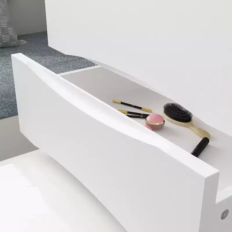 Weißer klappbarer Schminktisch mit Stauraum, All-in-one-Design, seitlich ausziehbare Organizerfächer