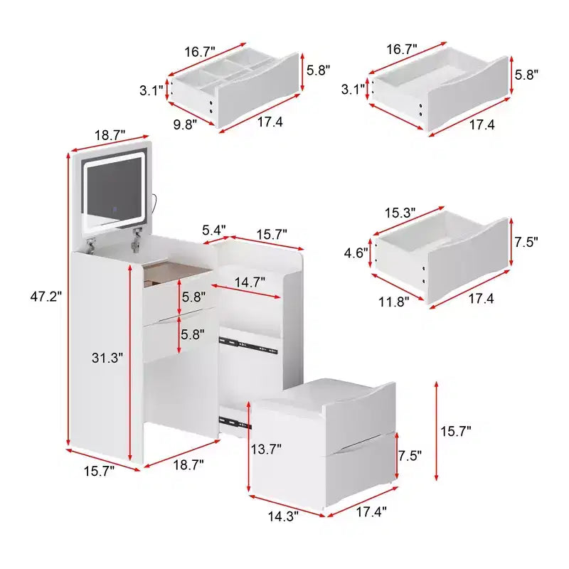 Weißer klappbarer Schminktisch mit Stauraum, All-in-one-Design, seitlich ausziehbare Organizerfächer