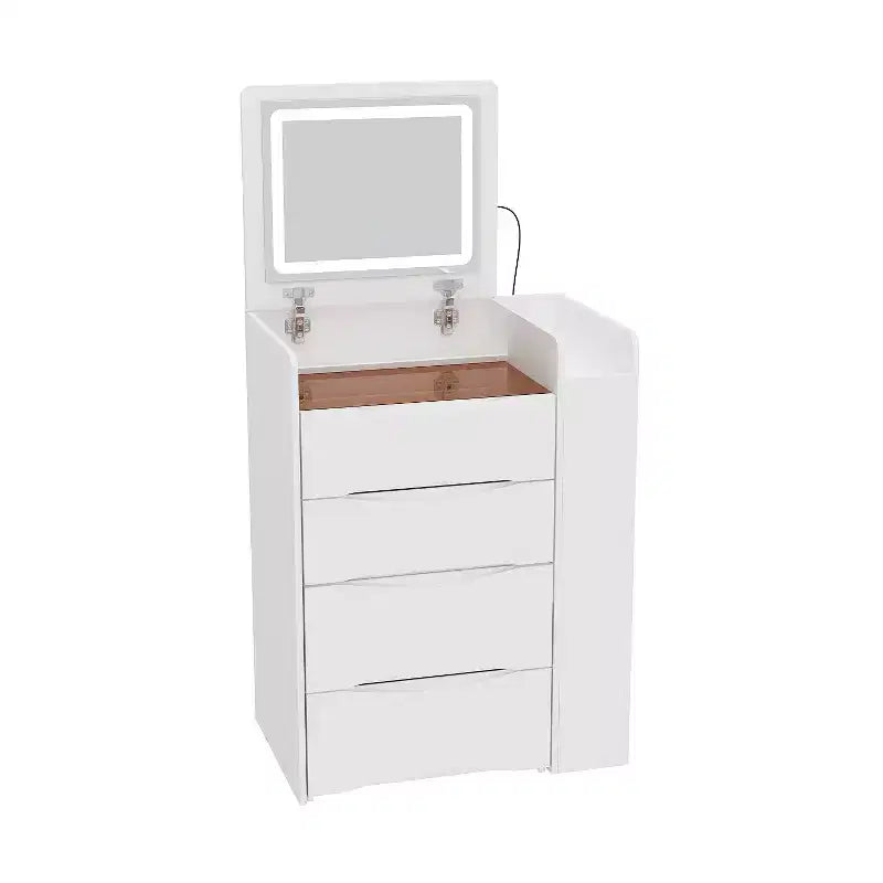 Weißer klappbarer Schminktisch mit Stauraum, All-in-one-Design, seitlich ausziehbare Organizerfächer
