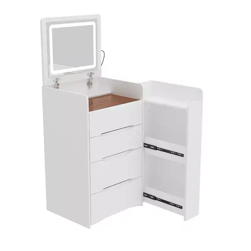 Weißer klappbarer Schminktisch mit Stauraum, All-in-one-Design, seitlich ausziehbare Organizerfächer