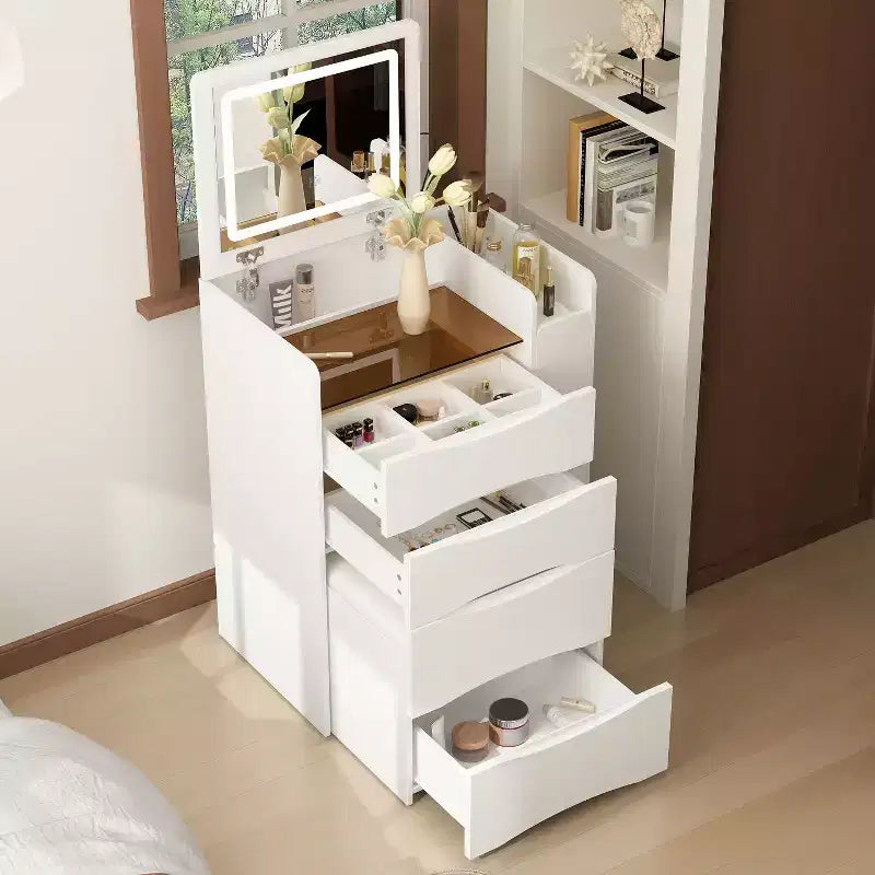 Weißer klappbarer Schminktisch mit Stauraum, All-in-one-Design, seitlich ausziehbare Organizerfächer