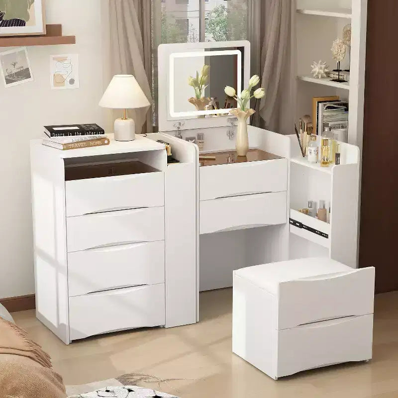 Coiffeuse blanche pliable avec rangement, conception tout-en-un et compartiments coulissants pour accessoires